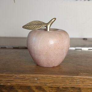 MCM Vintage Pink Onyx Marble Apple Brass Leaf Carved Stone Midcentury Modern